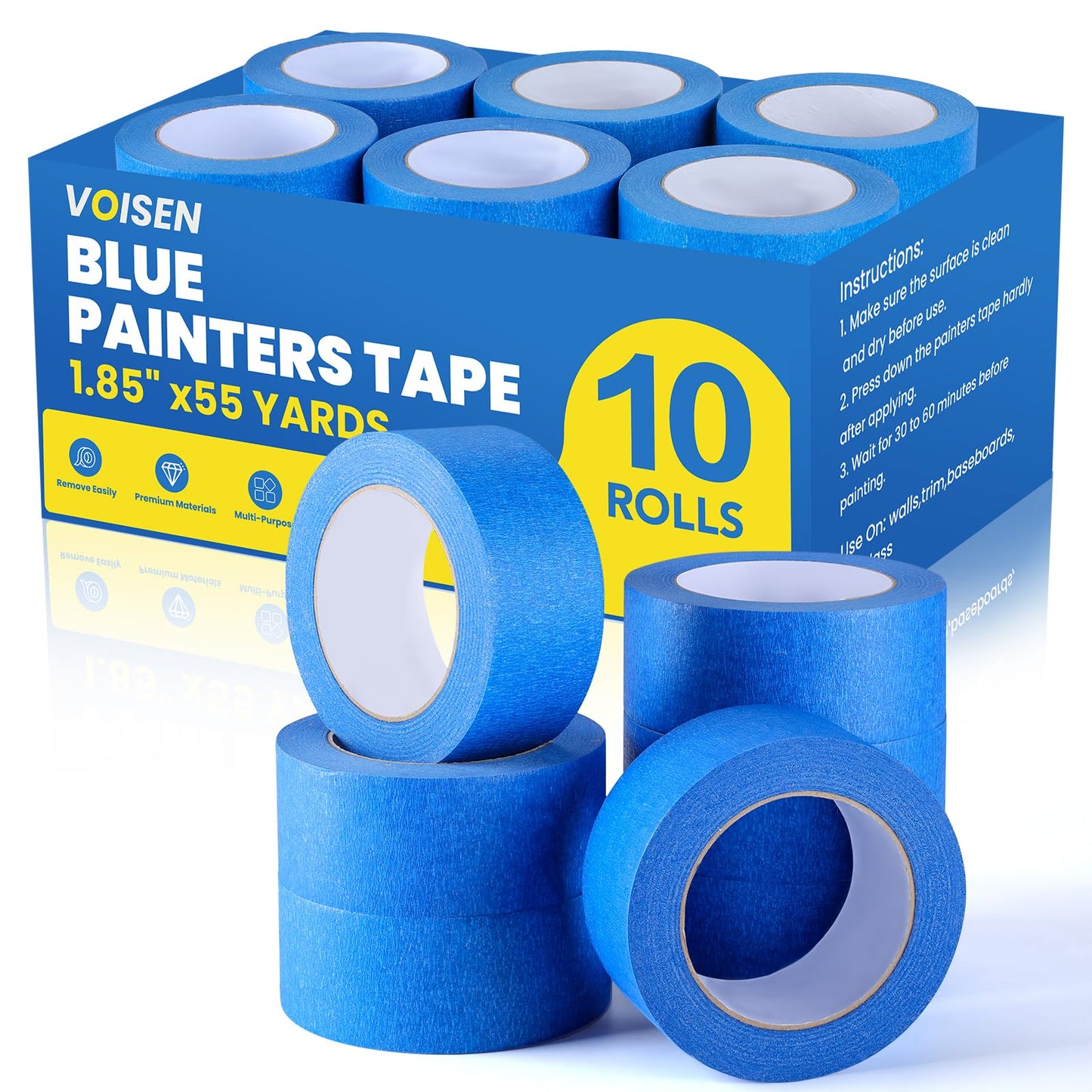 VOISEN 10 Rolls Painters Tape, Blue Painters Tape, 2 Inch Wide (1.85 in x 55 Yds), Masking Tape for Multi-Purpose, Masking Tape Bulk,DIY Artist Craft Arts, Decoration, Drafting, No Residue