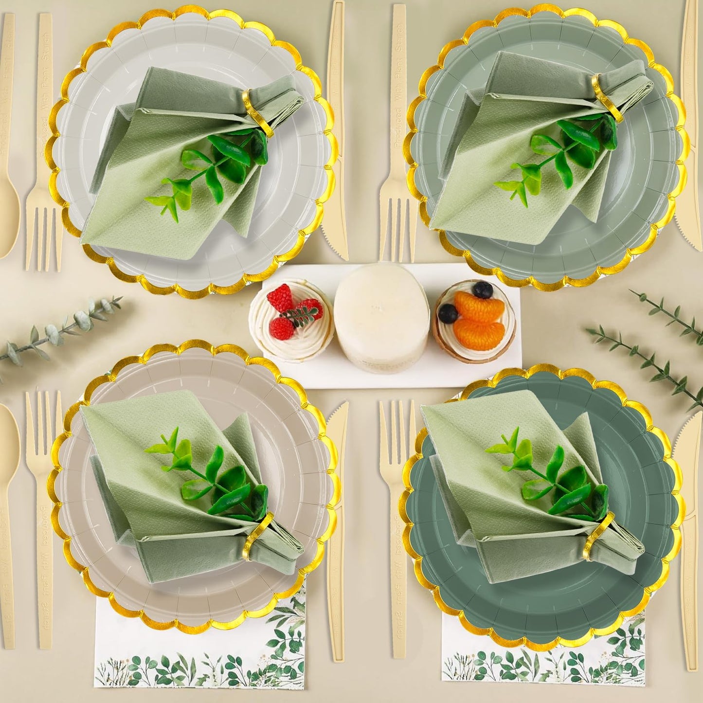 410PCS Sage Green Paper Plates and Napkins Party Supplies, Disposable Dinnerware Set Include 200 7 inch Gold Scalloped Edge Dessert Plates, 90 Cups, 120 Napkins for Bridal Baby Shower Birthday Wedding