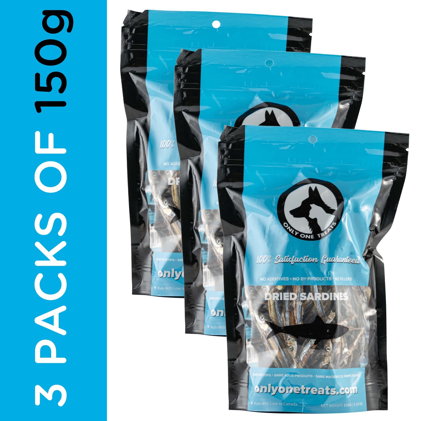 Only One Treats Dried Sardines for Dogs and Cats – All-Natural Training Treats with Omega 3 and Calcium – Sun-Dried Pet Treats for Dogs and Cats Brain, Heart, Skin and Coat Health (150g, Pack of 3)