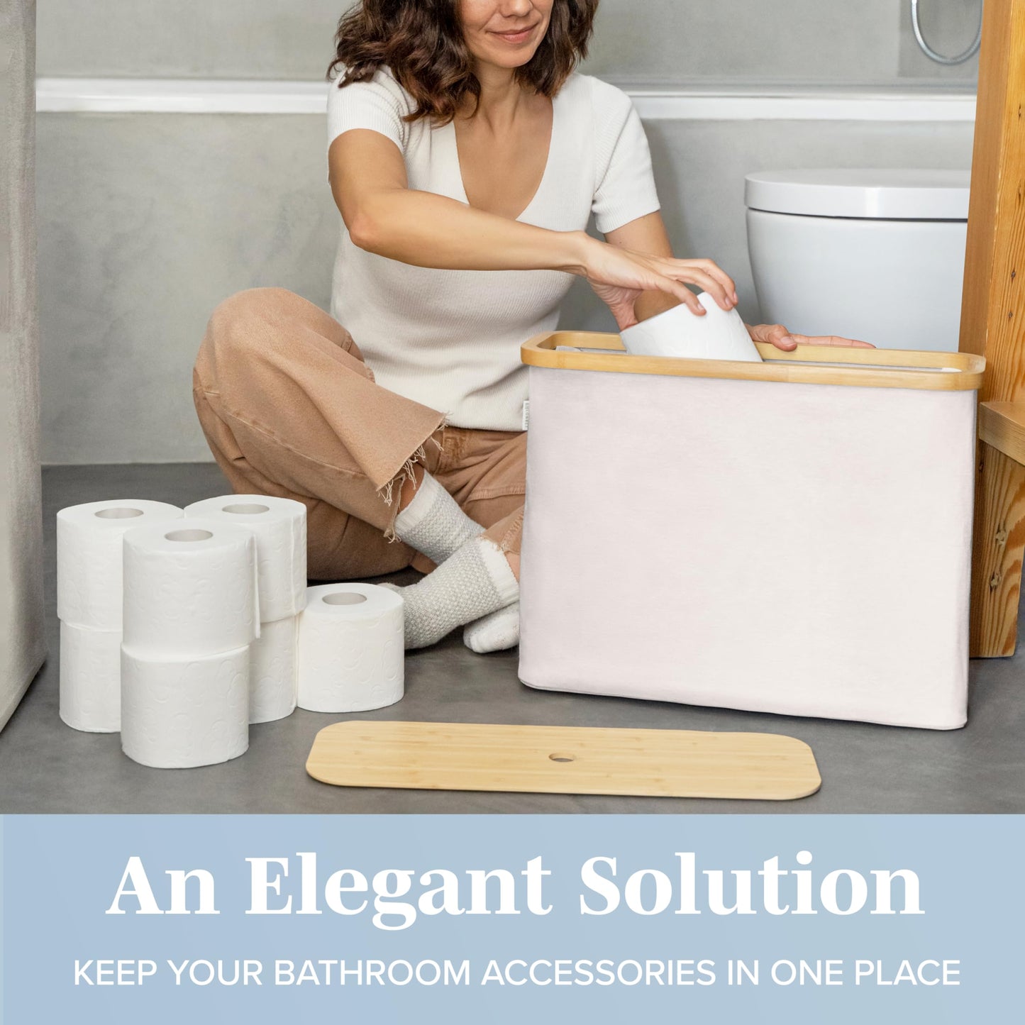 LONBET Toilet Paper Storage for 12 Rolls, Stackable & Foldable - The Ultimate Bathroom Organizer - Waterproof & Antibacterial Toilet Paper Roll Holder with Bamboo Lid - Toilet Paper Basket Beige