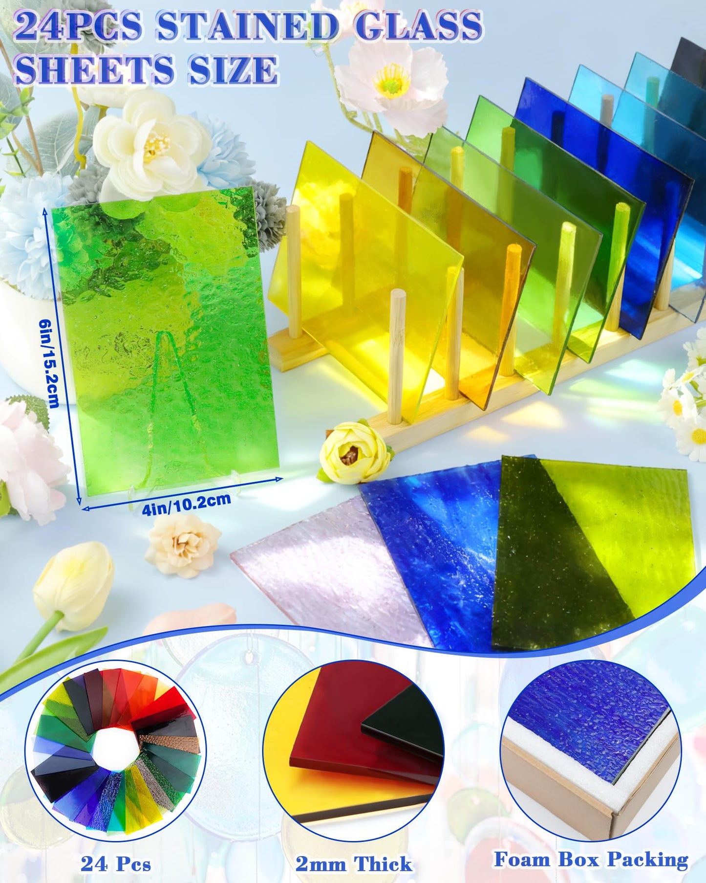 FIVEIZERO 24 Sheets Rainbow Transparent Stained Glass Sheets 4x6 Inch – Mixed Color Stained Glass Supplies for Suncatchers, Mosaic Glass Crafts, Fused Glass Supplies, Window Art & DIY Projects