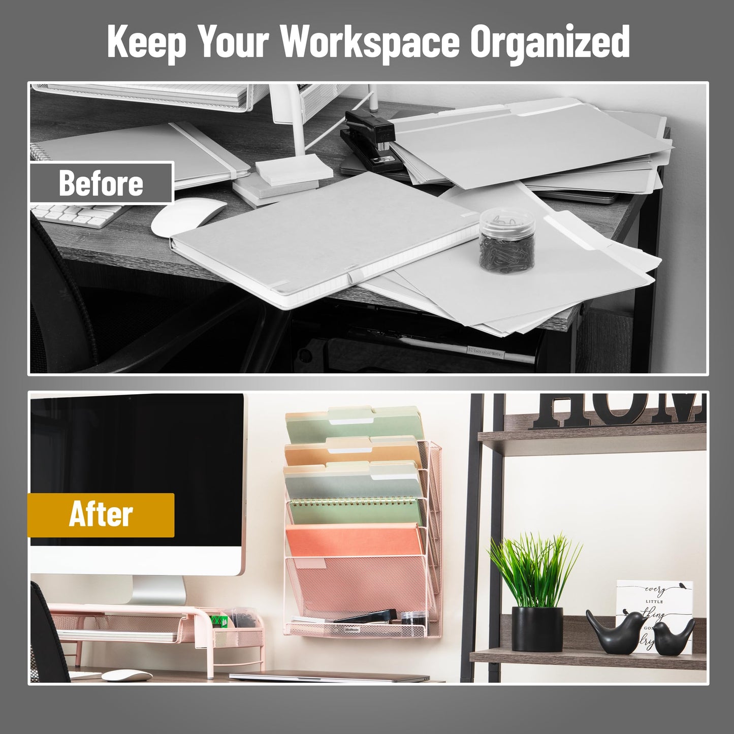 Mind Reader 5-Tier Vertical File Storage, Desktop Organizer, Wall Mount, Office, Metal Mesh, 12.75"L x 4"W x 16"H, Pink