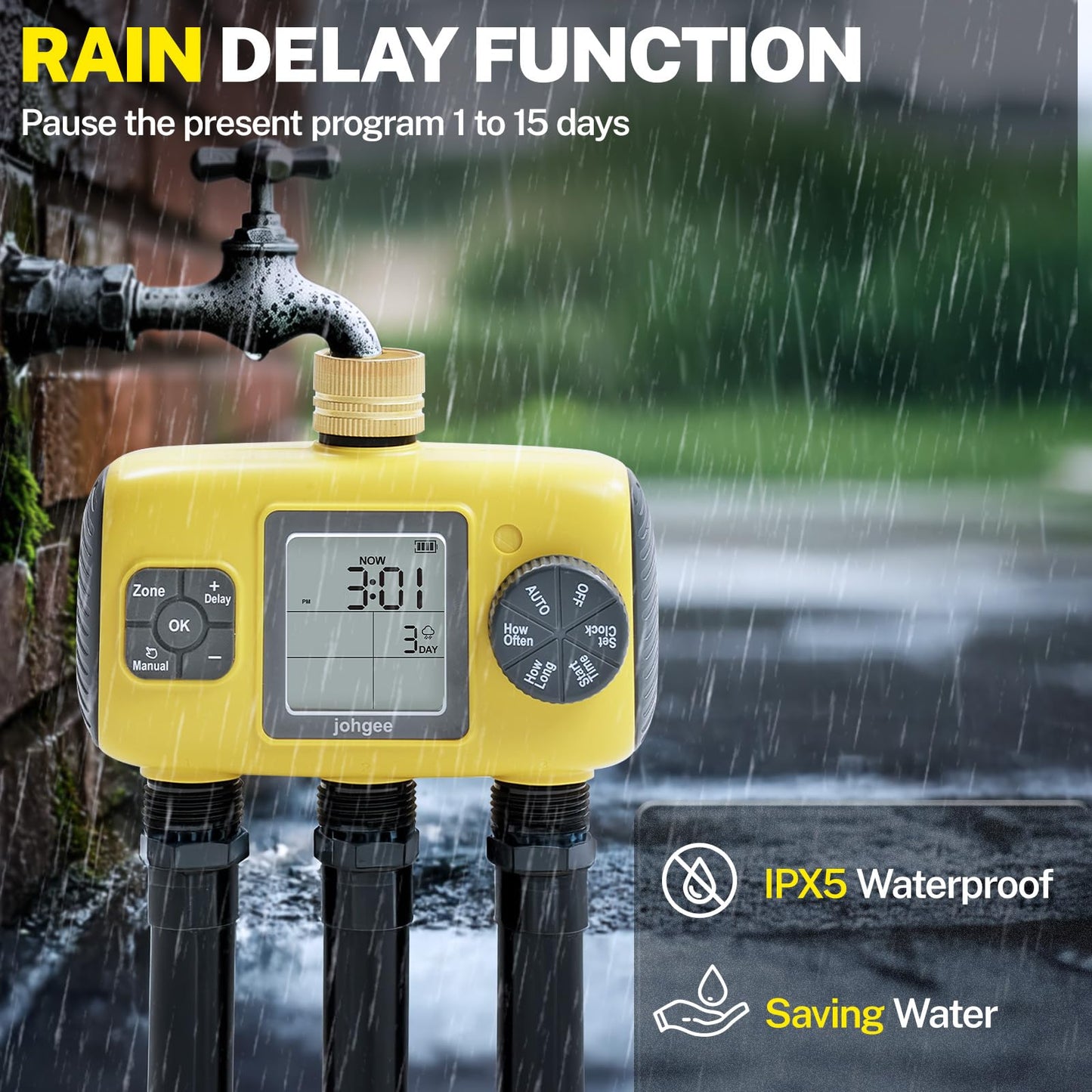 Johgee 3 Zones Water Timer Brass Inlet, Sprinkler Timer Programmable Garden Hose Timer with Rain Delay/Manual/Automatic Watering System,Waterproof Digital Irrigation Timer System for Lawns Pool