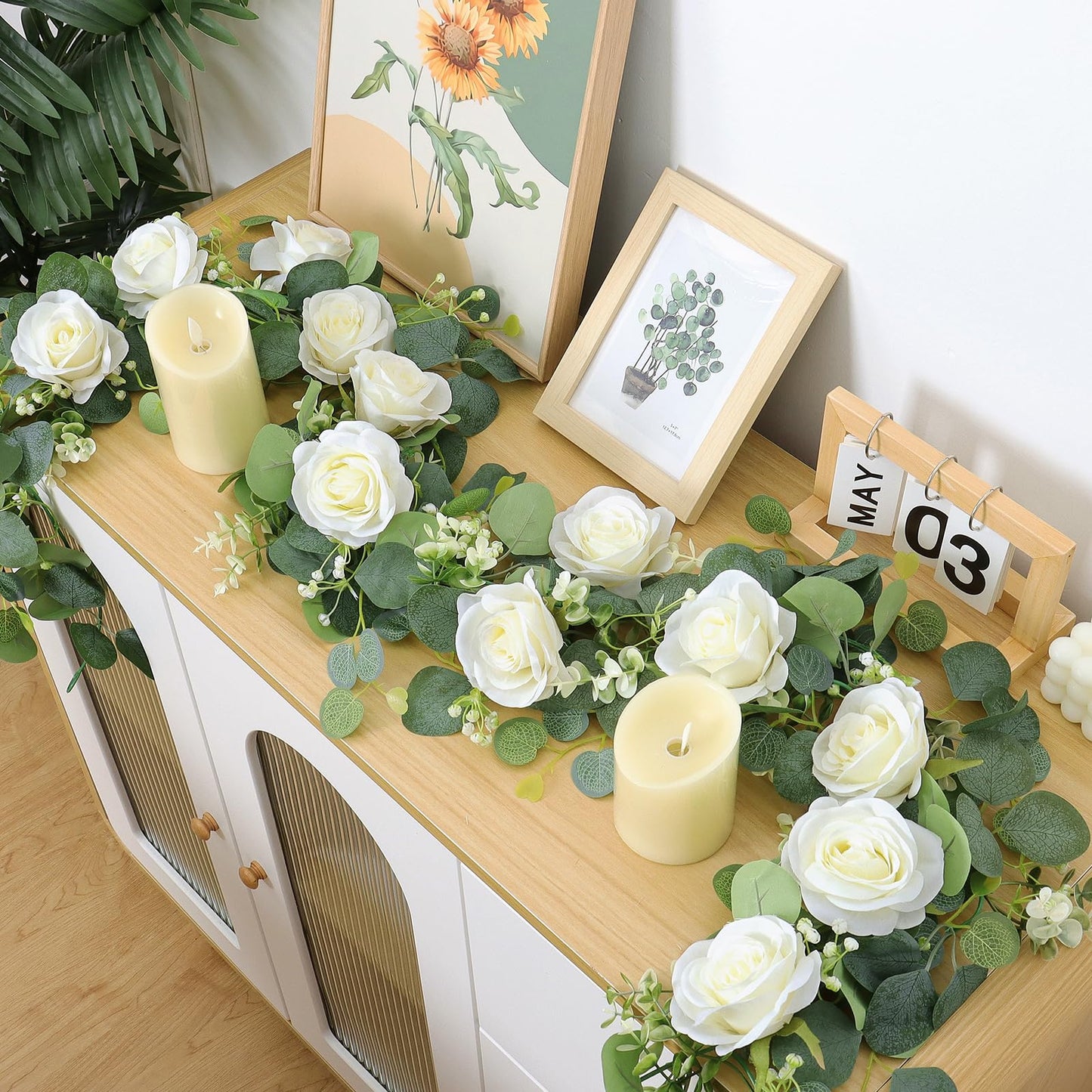 TOCHGREEN 4Pcs(26 Ft) Artificial Eucalyptus Flower Garland with White Rose Flowers,Faux Rose Vine Gypsophila Garland,Floral Garland Greenery Garland for Party Wedding Table Decor (White, 4PCS)