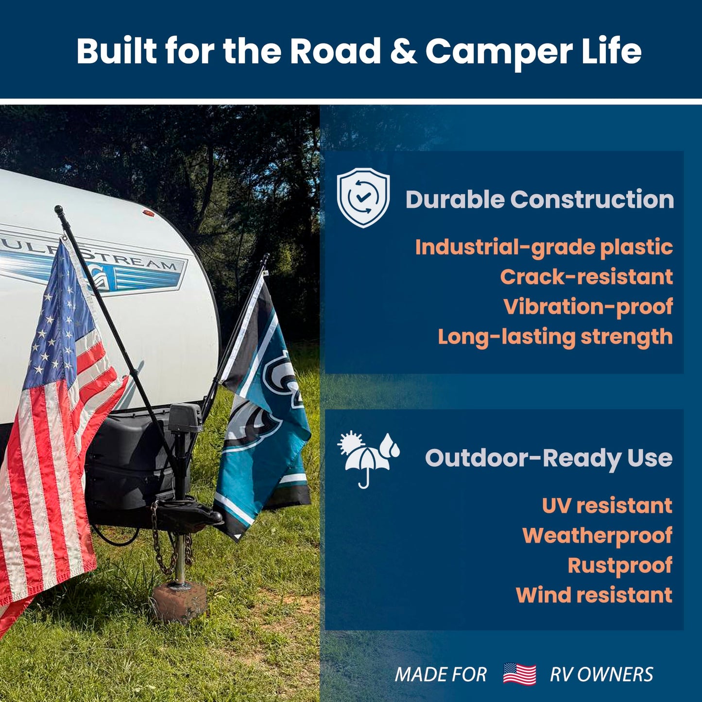 Camper & RV Accessories: Heavy Duty Dual RV Flag Pole Mount - Easy no Drilling Installation for Campers and Travel Trailers - Proudly Show Your Patriotism