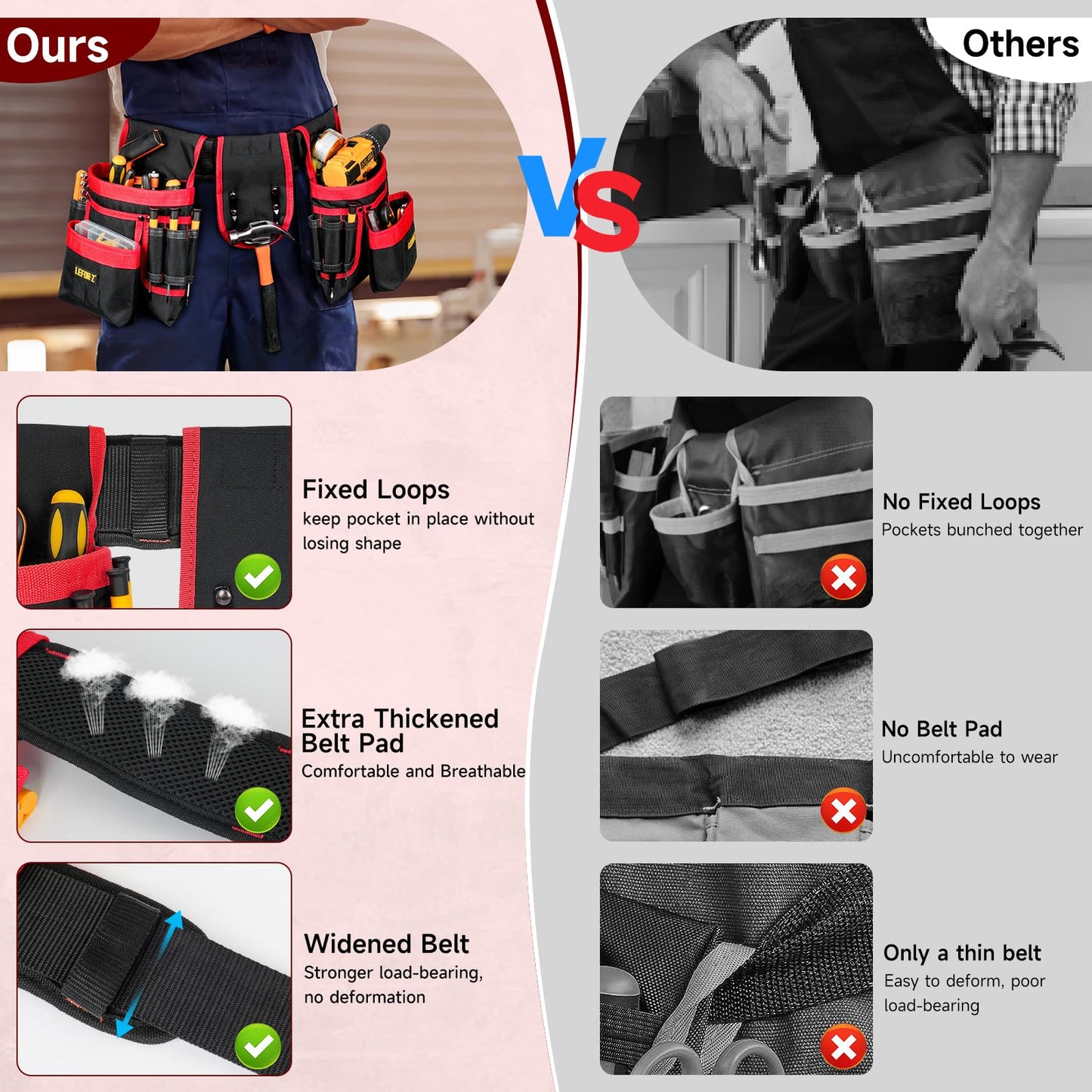Tool Belt,Magnetic Tool Pouch,27-Pockets Heavy Duty Padded Tool Belts for Men,Detachable & Adjustable Tool Pouch Bag for Electrician,Carpenter,Construction,Work Apron,Utility Belt,Black,Red