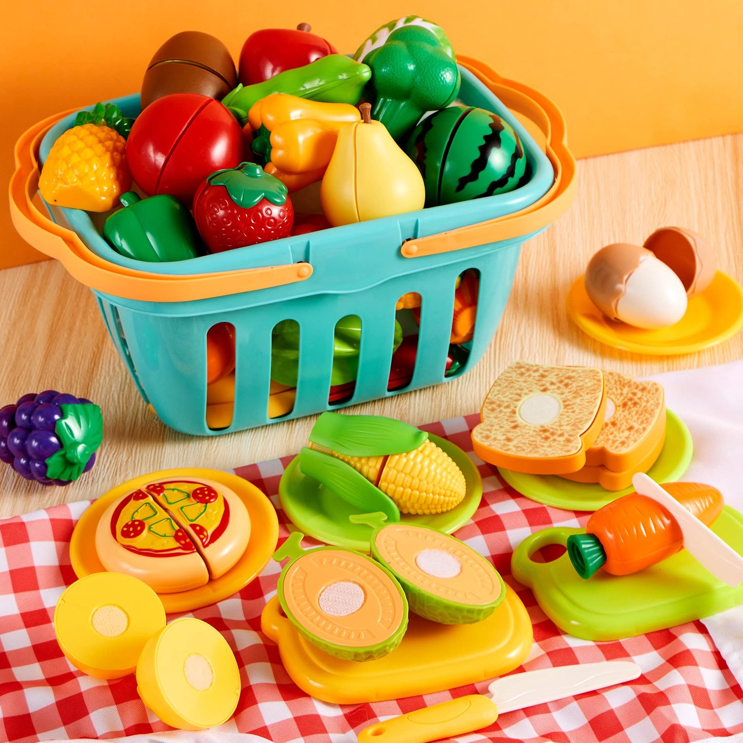 JOYIN 68Pcs Cutting Play Food Toy for Toddlers Kitchen, Fake Food for Kids Play Kitchen, Includes Plastic Fruit &Vegetables, Easter Basket, Mini Dishes and Knife, pretend role play Toys, Toddler Gifts