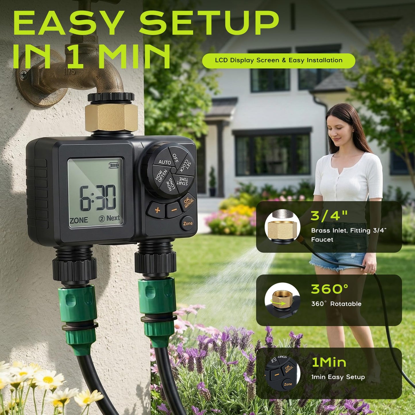 2 Zone Water Timer for Garden Hose, 2000mAh Rechargeable Sprinkler Timer with Brass Inlet, 2.8" LCD, IPX6 Waterproof, Rain Delay/Manual/Auto Mode, Hose Timer for Drip Irrigation Lawn Watering System