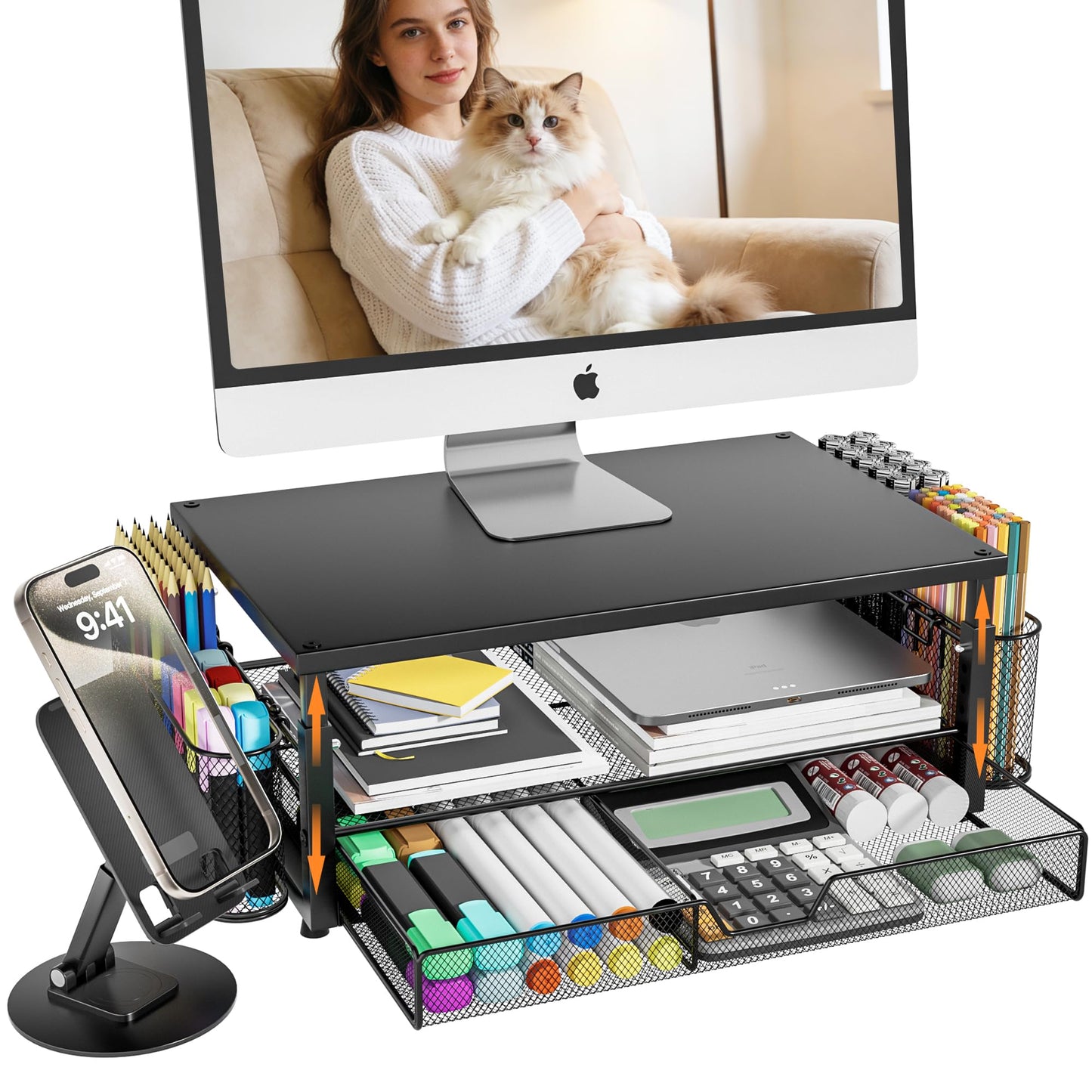 Desk Organizer and Accessories with Cellphone Holder, Height Adjustable 2-Tier Computer Monitor Stand Riser with Drawer and 2 Pen Holders,Office Desk Accessories for Office Supplies, Black