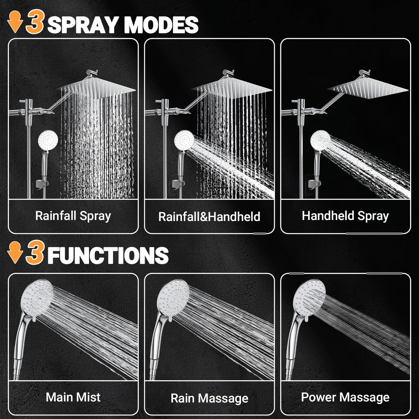 COSYLAND 10'' Rainfall Shower Head with Handheld Combo High Pressure 3 Settings with 11'' Extension Arm 60" Hose, Chrome Finish Bath Shower Head, Height/Angle Adjustable,Chrome