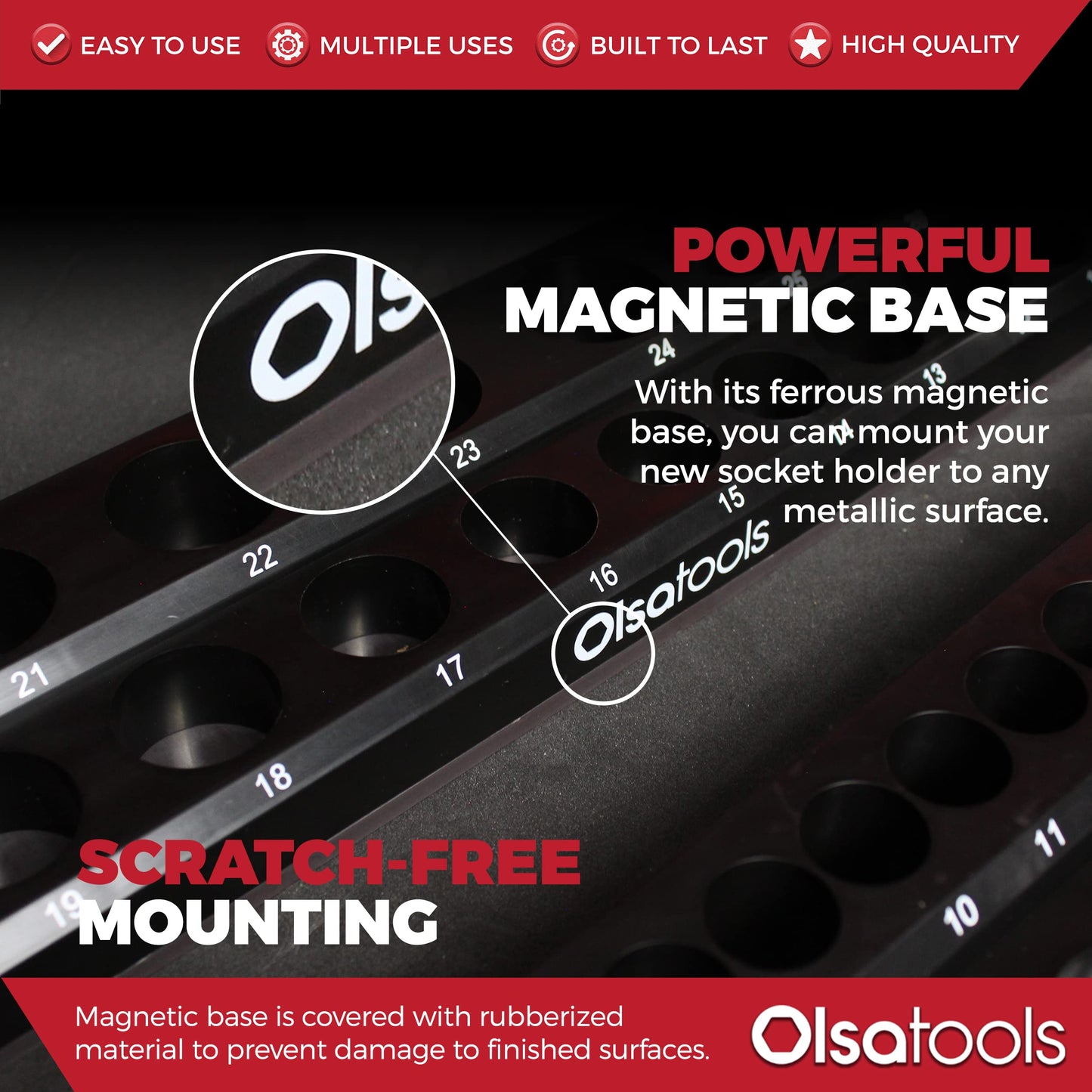 Olsa Tools Magnetic Socket Organizer - 3 Piece Socket Holder Kit - 1/2-Inch - 3/8-Inch - 1/4-Inch Drive - Metric - Black - Holds 75 Sockets - Professional-Grade - Part: 1151