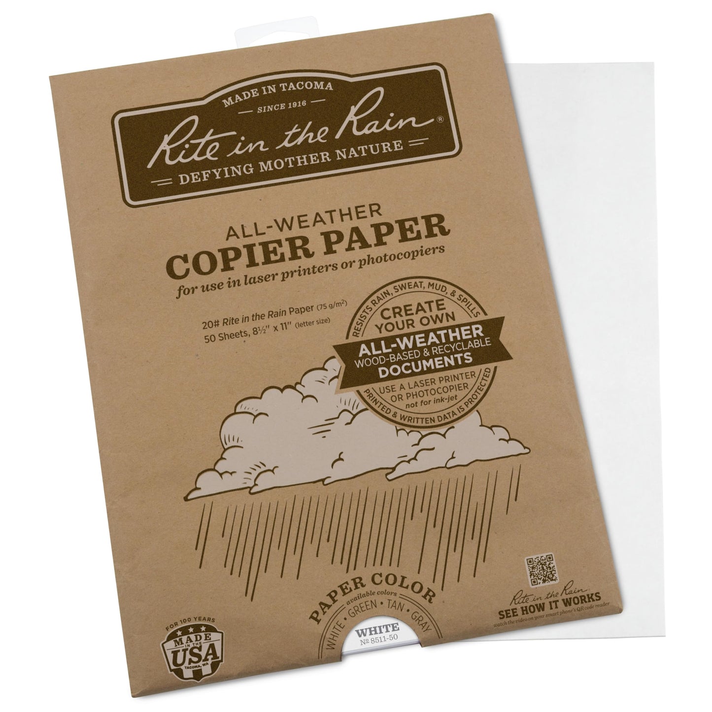 Rite in The Rain Weatherproof Laser Printer Paper, 8.5" x 11", 20# White, 50 Sheet Pack (No. 8511-50)