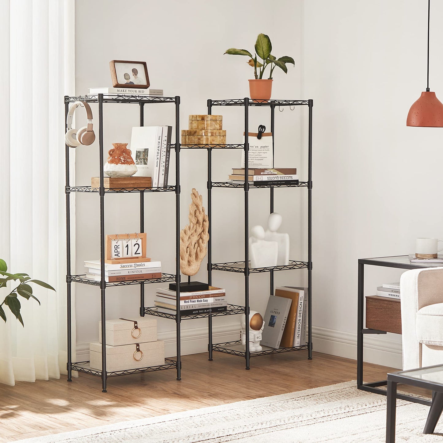 SONGMICS 5-Tier Metal Storage Shelves, Kitchen Wire Shelving Unit, Storage Rack with Adjustable Shelves, Shelf Liners, 8 Hooks, for Garage, 30 x 40 x 121 cm, Black ULGR115B01