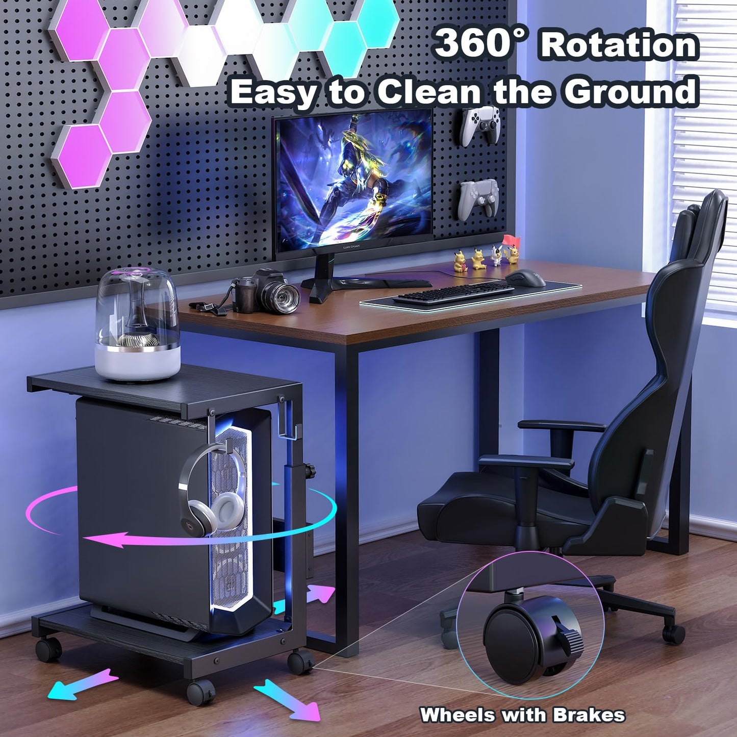 Hovadova Computer Tower Stand with Charge Station and USB Charging Port - Height Adjustable PC Tower Stand, Under Desk CPU Holder Cart with Locking Caster Wheels for Fits Most PC