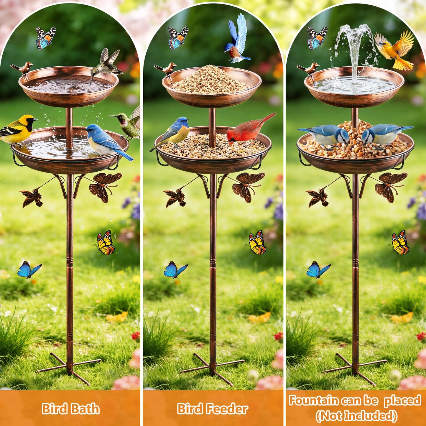 2 in 1 Bird Bath for Outside, 42In Tall Free Standing Birdbaths Outdoor, Metal Bird Feeder Bowls for Garden Lawn Decor, Antique Bronze