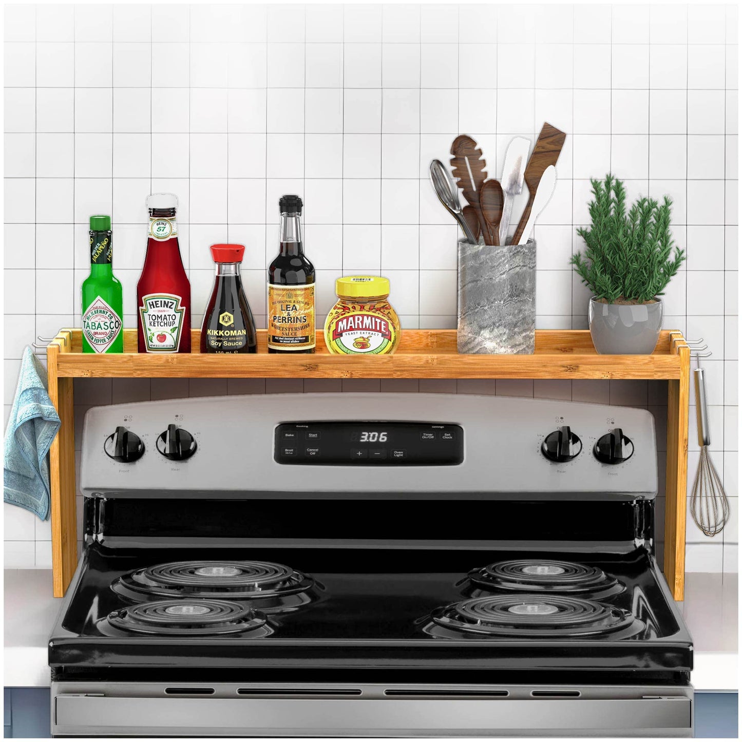 IIIOIIIA Bamboo Over The Stove Spice Shelf for Kitchen Storage, 31.5" Kitchen Spice Rack Organizer Stove Top Shelf with 6 Hooks, 11.4" Height Extra Storage Countertop, Easy to Assemble