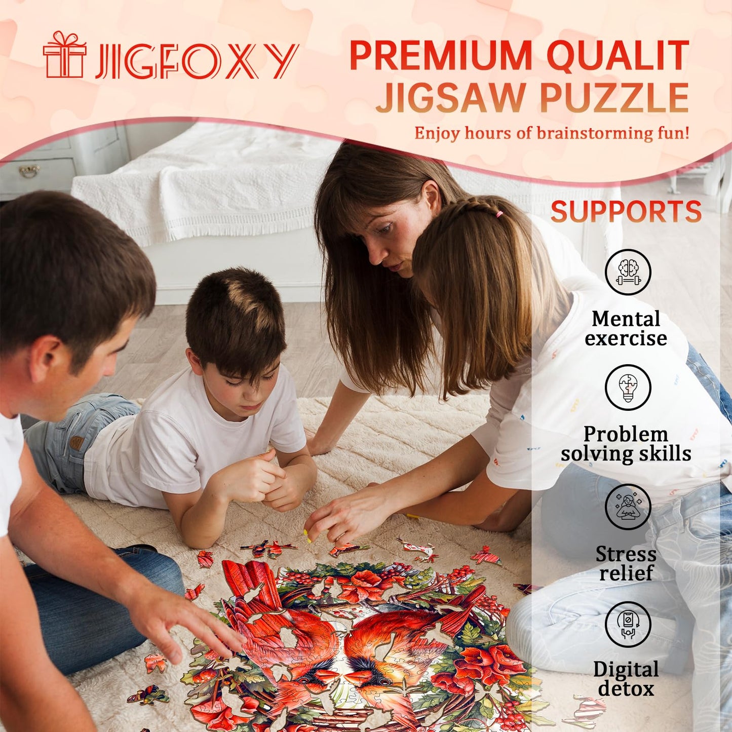 Jigfoxy Wooden Jigsaw Puzzles for Adults, 200 Pieces Cardinal Wooden Puzzle, Unique Shaped Animal Puzzle, Premium Wood Puzzle Gift for Adults, Friends, and Families, Birthday Gifts for Puzzle Lovers