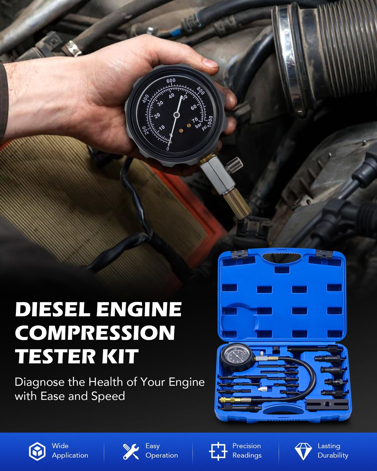 Orion Motor Tech Diesel Engine Compression Tester Kit, 16 pc Cylinder Compression Tester Kit with 0-1000 psi Fuel Pressure Gauge Adapters Carrying Case, Universal Diesel Car Motorcycle Diagnostic Tool