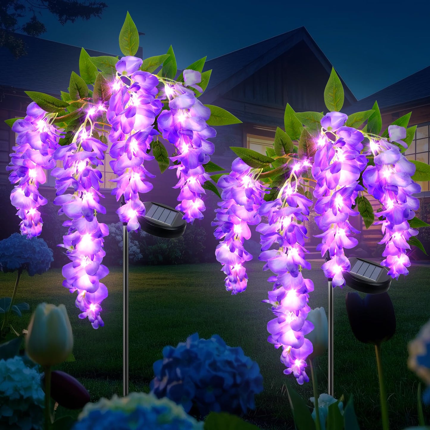 Ninonly Solar Garden Lights Outdoor, 2 Pack Solar Pathway Lights, 2 Lighting Modes Solar Wisteria Flowers Lights Outdoor Waterproof for Landscape Courtyard Lawn Decor