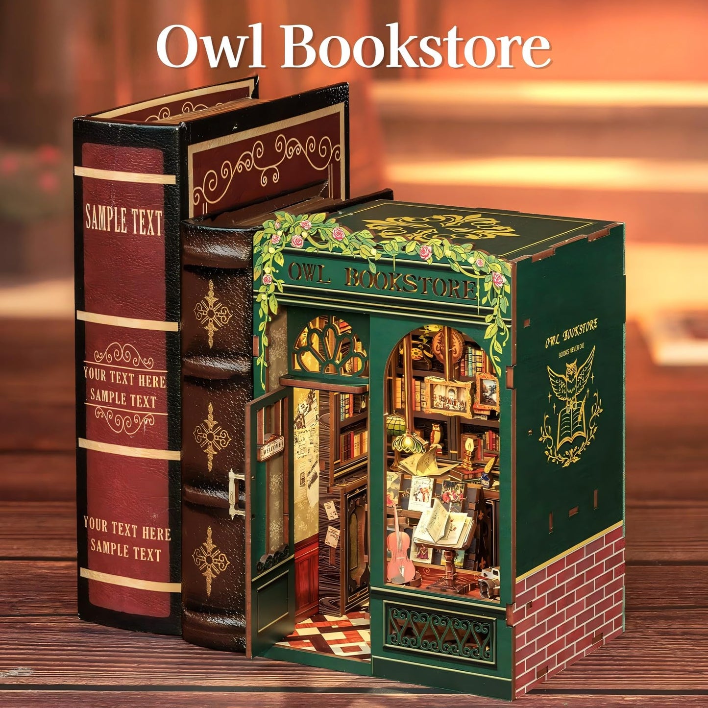 Fsolis Book Nook Kit, DIY Miniature House Kit for Adults Tiny House Mini Bookshelf Diorama Building Kit 3D Wooden Puzzle for Adults Bookish Gifts for Women Book Lovers Readers (OWL Bookstore)
