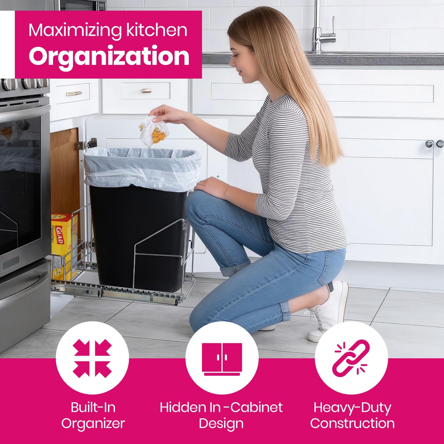 HOLDN’ STORAGE Pull Out Trash Can Under Cabinet - Trash Can Not Included - Dedicated Space for Disposable Trash Bags, Requires a 11” Cabinet Opening, Adjustable, Heavy Duty, Anti Rust Chrome Finish