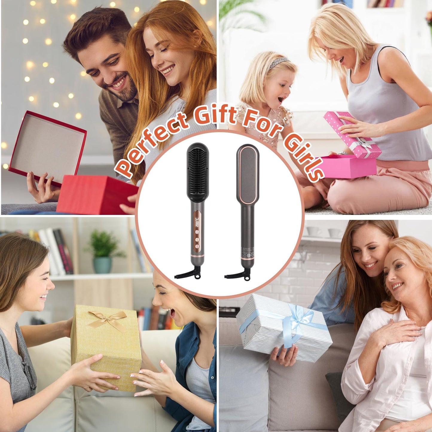 Hair Straightener Brush, 2 in 1 Flat Iron & Hair Brush for Straightening Hair, Anti-Scald Hot Straightening Comb with Negative Ions, 30s Fast Heating, 9 Temp Settings (120℃~200℃) and LED Display