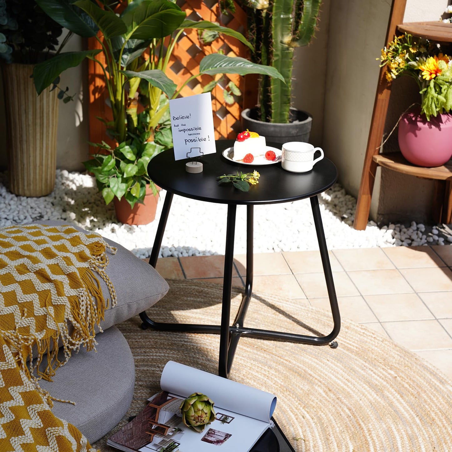Grand patio Outdoor Side Table, 18-inch Small Round Side Table with Adjustable Feet, Elegant Patio Furniture for Balcony Porch Deck Poolside, Black