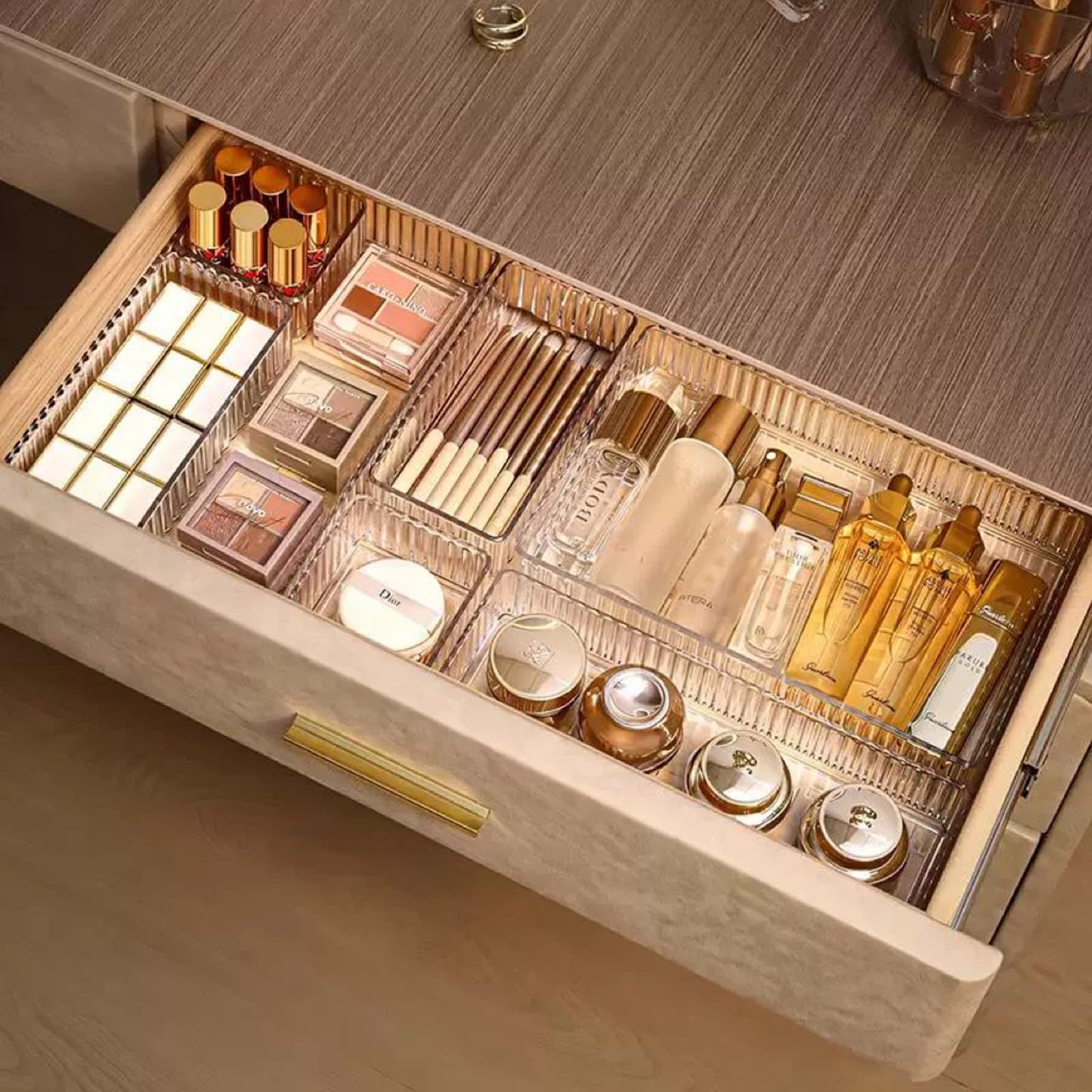 14 Pieces Clear Drawer Organizer Set, Stackable Drawer Storage Bins with Non-Slip Base, 4 Sizes up to 9.92"x6.23", Plastic Containers for Makeup, Kitchen, Office (14 Pack)