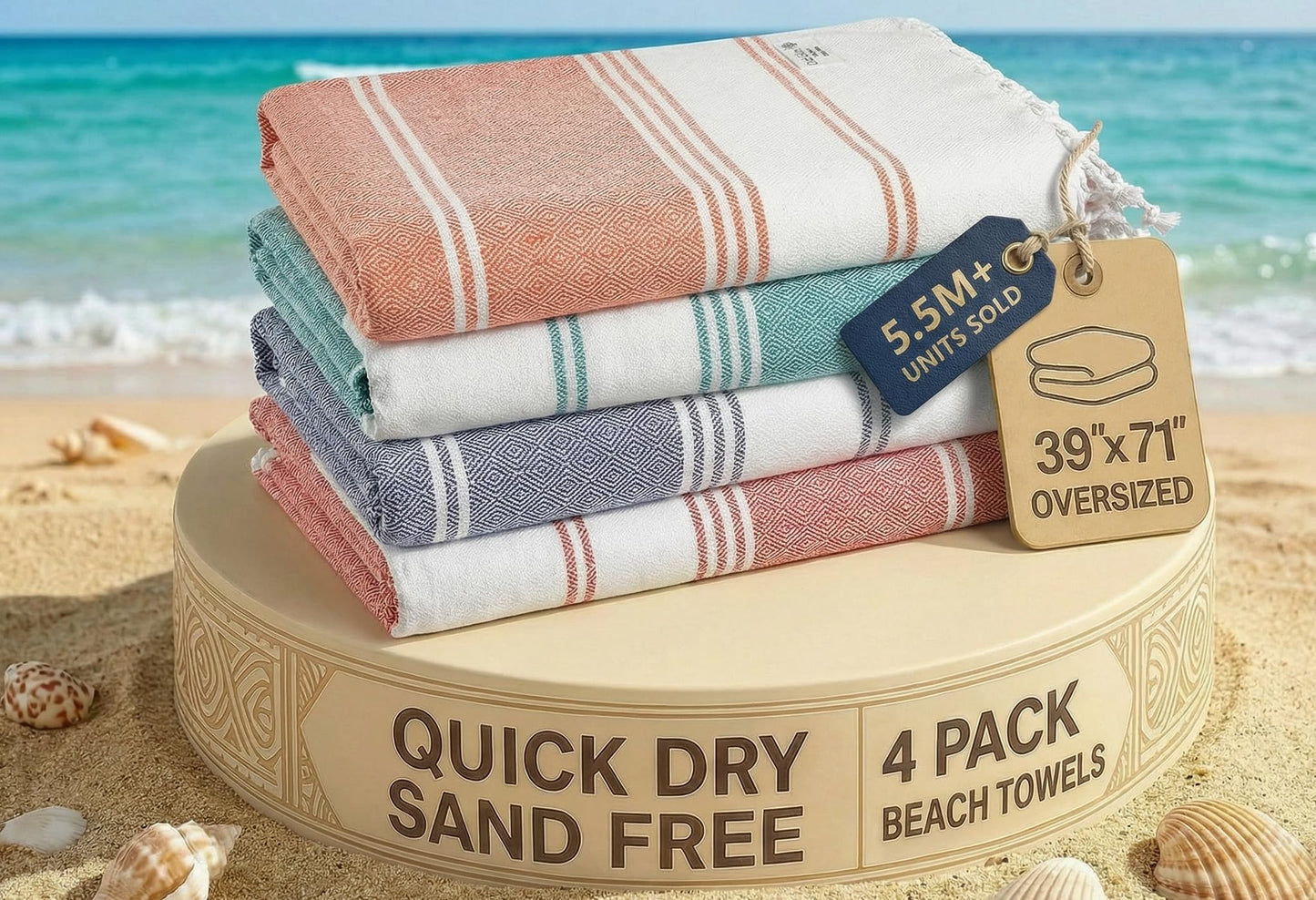 Lane Linen 4 Pack Beach Towels - Cotton Oversized Beach Towel, Pre-Washed Quick Dry Beach Towel, Extra Large Pool Towel, Lightweight Beach Towel Sandproof, Absorbent Travel Bath Towel - Multi