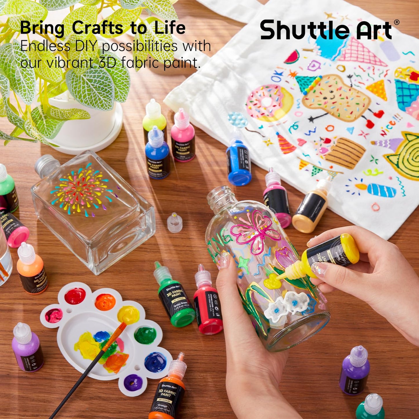 Shuttle Art 3D Textile Paint Machine Washable, 24 Fabric Paints Washable with Brushes, Templates, 3D Textile Paints with Metallic, Neon and Glitter Colours, Fabric Paints Washable Children for T-Shirt