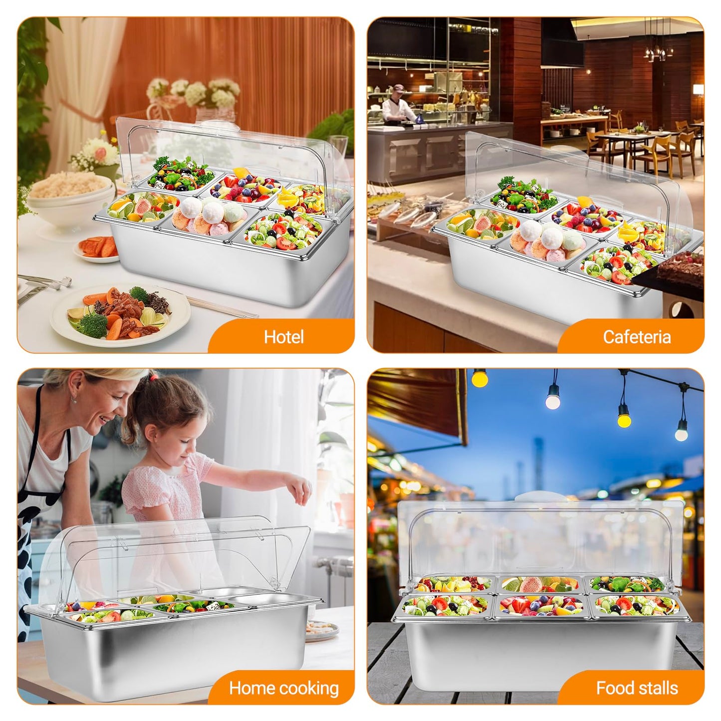 Julymoda Countertop Food Serving Display Container with Clear Lid, Stainless Steel Serving Tray Catering Supplies Buffet Display Condiment Container for Restaurant Hotel Kitchen (6 Pan)
