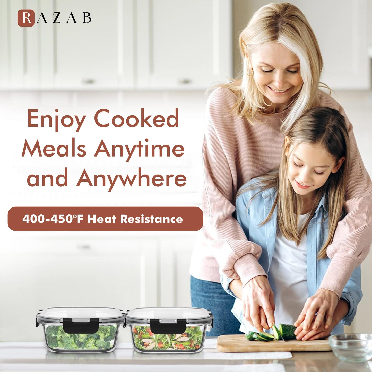Razab 2 Pack 1200ML / 42 Oz Glass Container Food Storage with Lids - Leakproof, BPA-Free Meal Prep Container Ideal for Roasting Turkey, Store Leftover - Microwave & Oven Safe