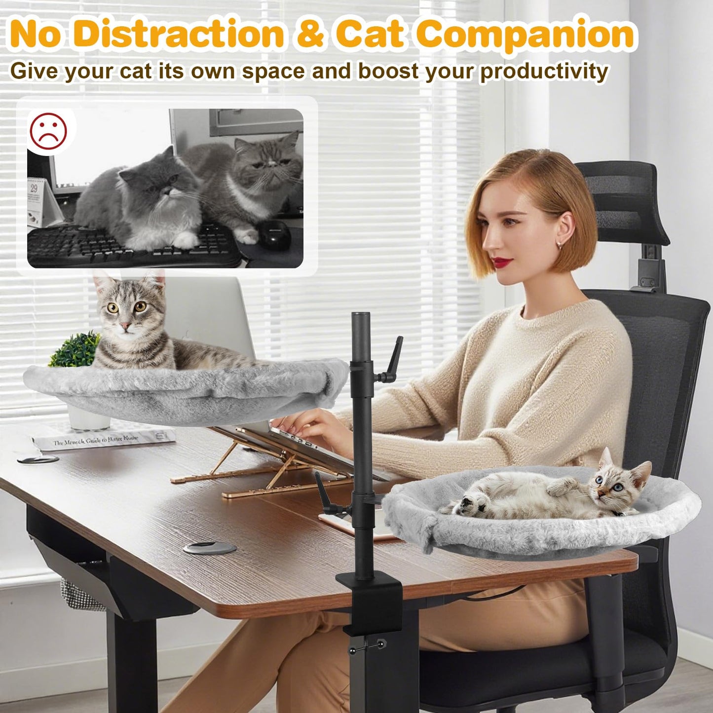 Double Cat Desk Bed - 2 Large Layers Cat Perch with 360° Rotating & Adjustable Height, Kitten Nest for Desktop with 2 Washable Soft Covers, Kitten Hammock Bed Mount for Home Office Grey