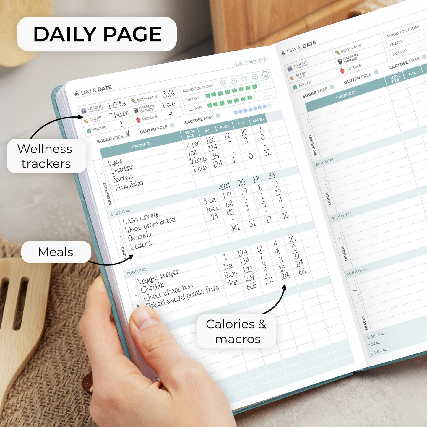 Clever Fox Food Journal - Daily Food Diary, Meal Planner to Track Calorie and Nutrient Intake, Stick to a Healthy Diet & Achieve Weight Loss Goals - Aquamarine