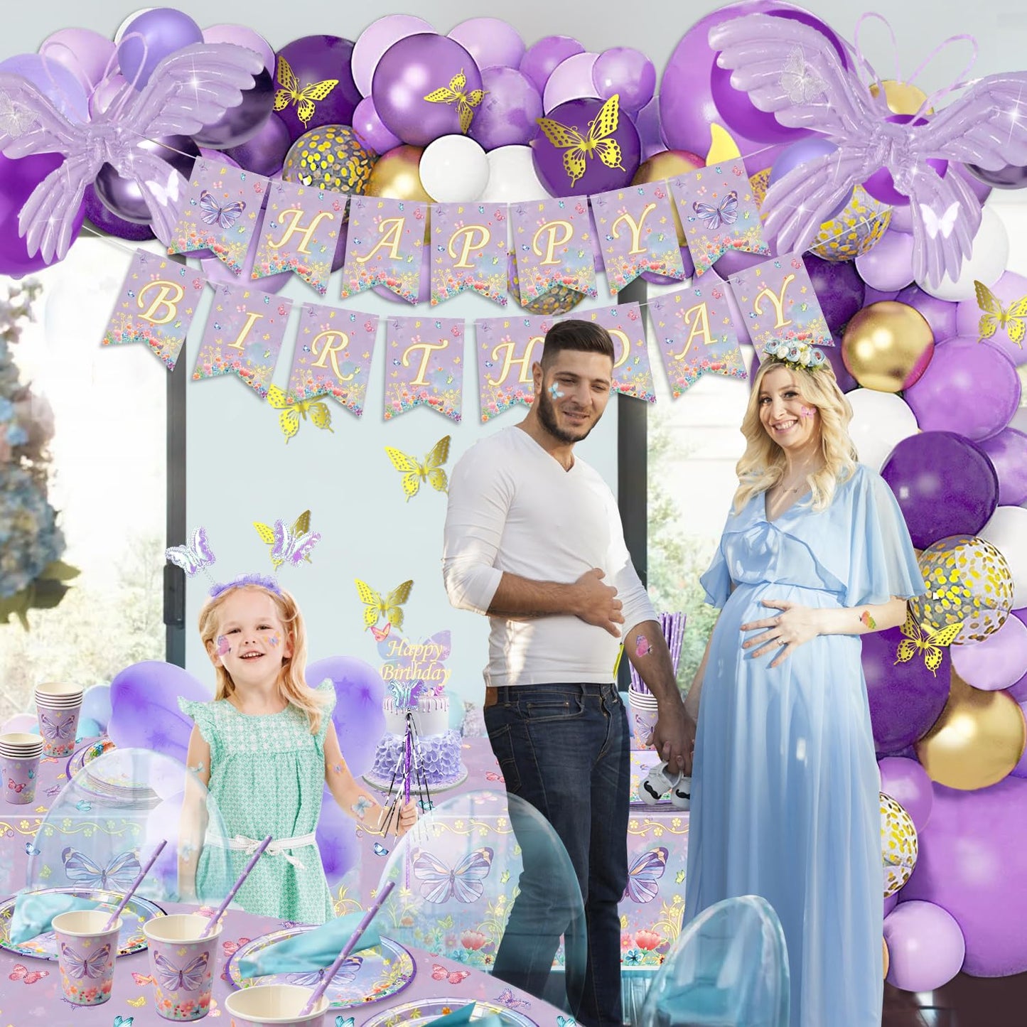 213 Pcs Purple Butterfly Decorations - Include Plates, Cups, Tablecloth, Balloon, Birthday Banner, Butterfly Stickers, Fairy Wing Set for Princess Fairy Birthday Decorations Supplies