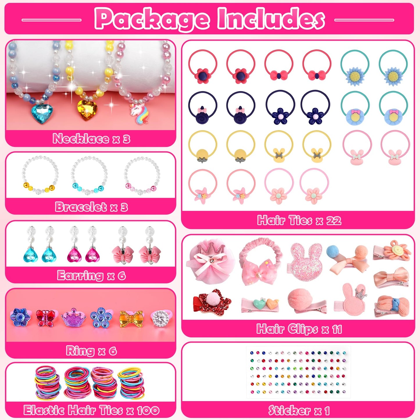 Kids Jewelry Kit Girls Toys, 153pcs Girls Dress Up Play Jewelry Set Kids Toys with Necklaces Bracelets Rings Earrings Hair Accessories and Storage Box, Christmas Birthday Gifts for 3-8 Year Old Girl