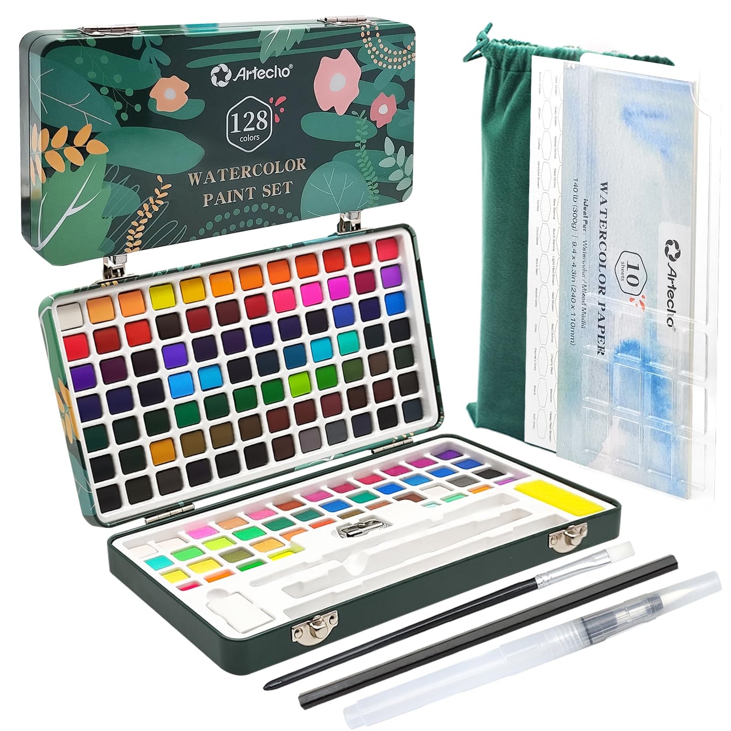 Artecho Watercolor Paint Set 128 Colours in Portable Box with Water Colour Pallet, Watercolour Papers and Brushes, Ideal for Adults, Artists and Hobbyists