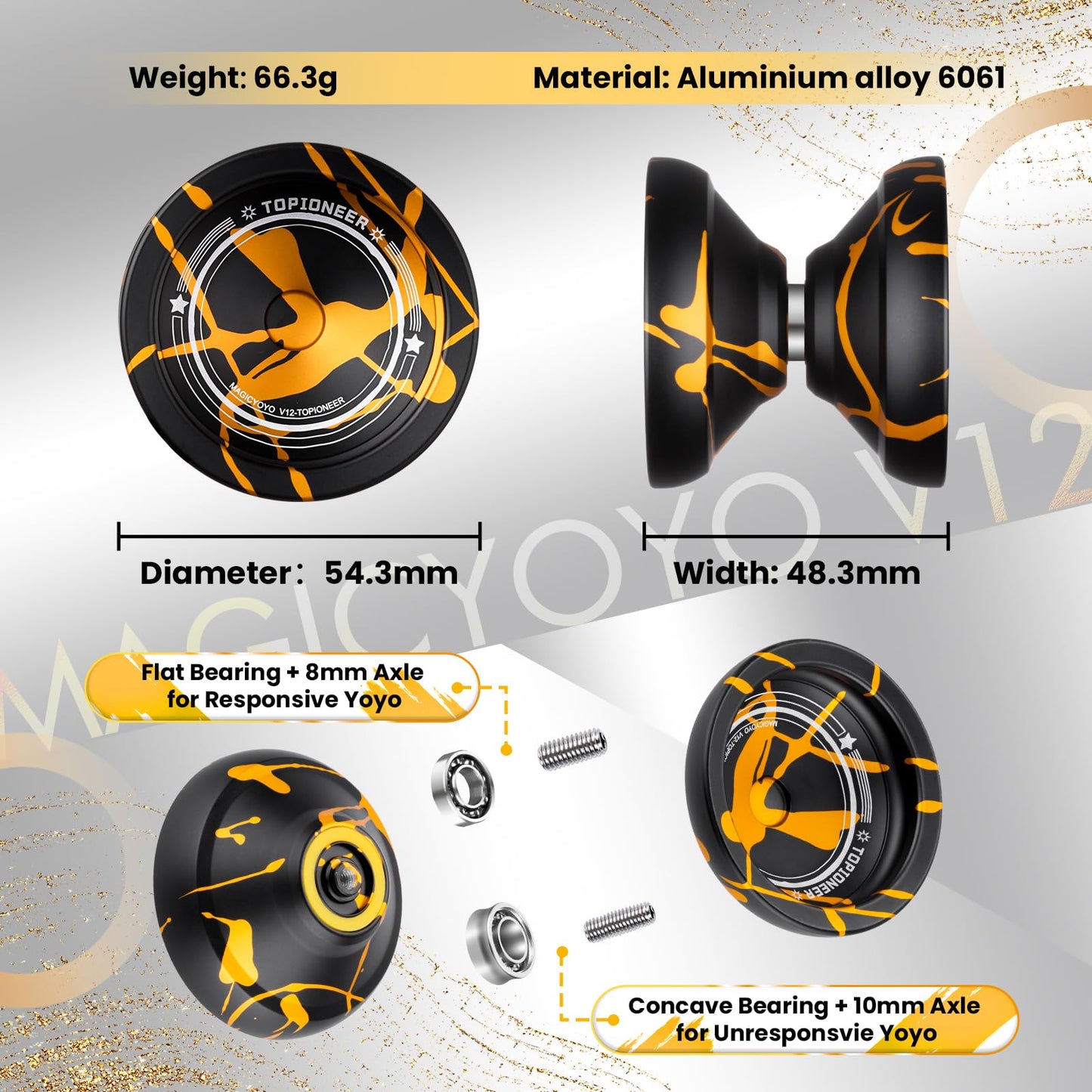 MAGICYOYO V12 Responsive Yoyo for Kids & Beginner, Unresponsive Yo yo for Adults, Professional Yo-yo for Finger Spin Trick with 12 Strings & Yo-Yos Accessory Kit (Black Gold Splash