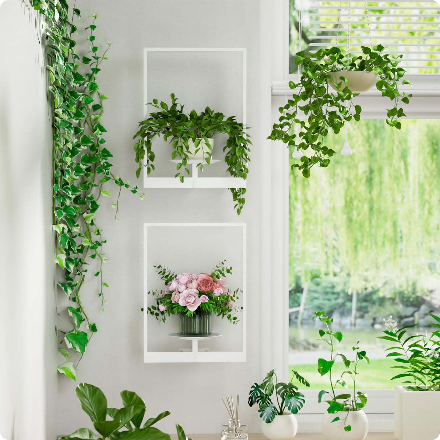 BUTUNITA White Metal Wall Plant Holder - 3-Pack Wall Mounted Plant Stands and Hanging Holders for Indoor Planter and Flower Pot -Rectangle Decor Shelf for Plant Storage (Pot Not Included)