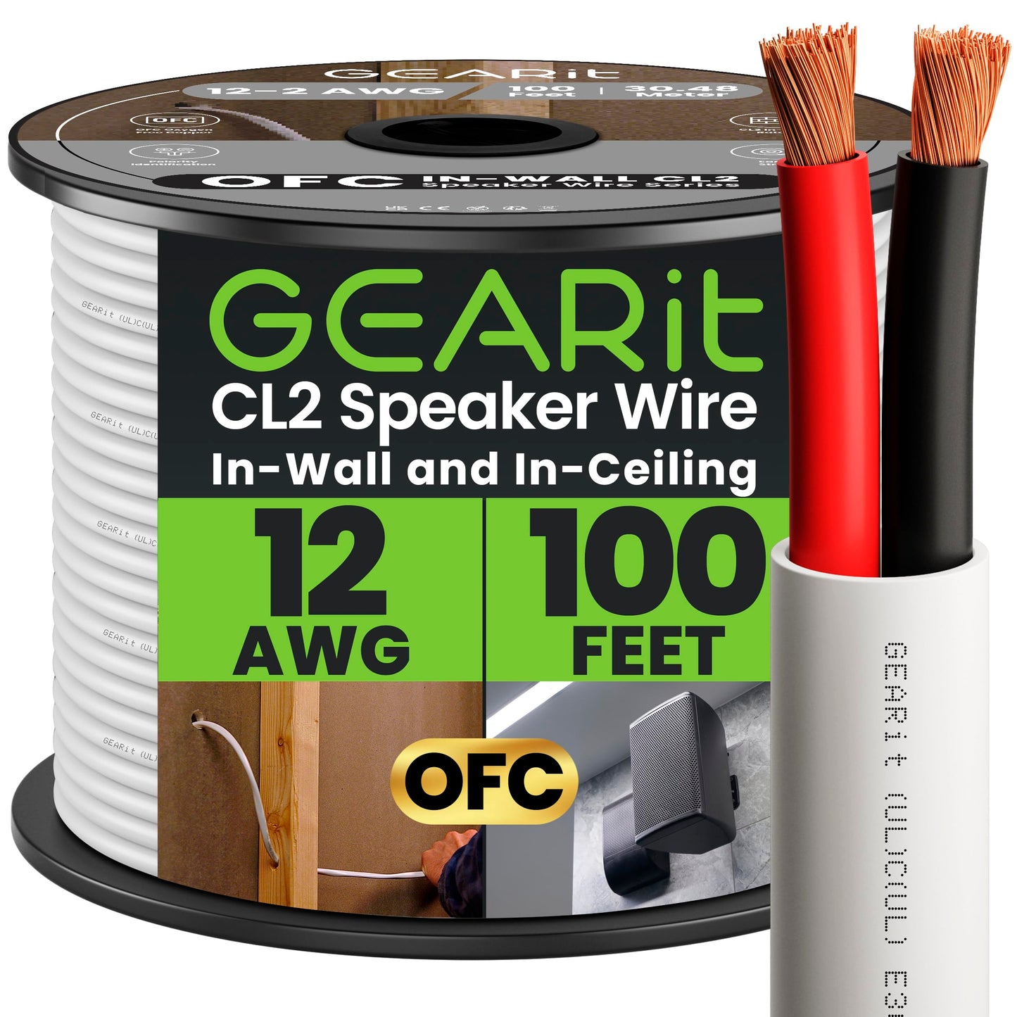 GearIT 12/2 Speaker Wire (100 Feet) 12AWG Gauge - in Wall Audio Speaker Wire Cable / CL2 Rated / 2 Conductors - OFC Oxygen-Free Copper, White 100ft