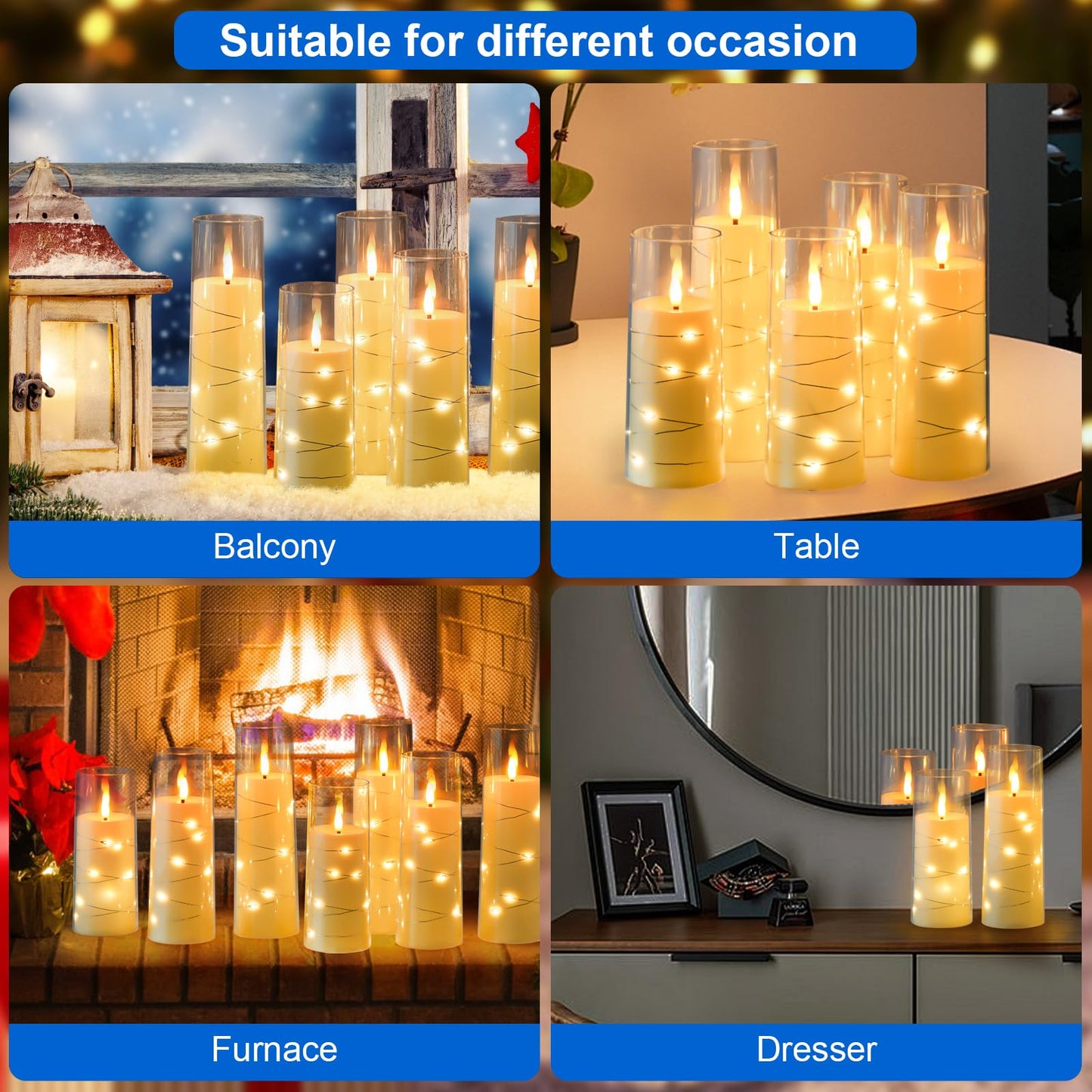 Liomus Flickering Flameless Candles, LED Pillar Canldes with String Light,Battery Operated Remote Control Timer Flameless Candles for Wedding Christmas Home Decor Set of 7 (D2.3in*H5 6 7in) (Ivory)