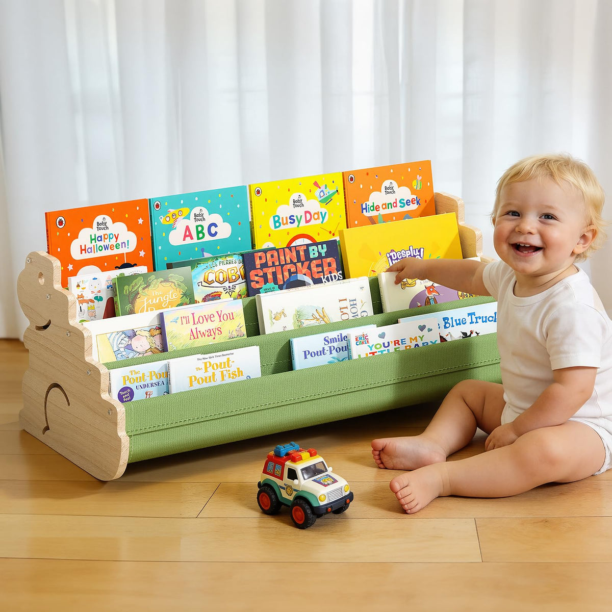 LAMU Bookshelf Kids, 4 Tier Portable Toddler Bookshelf, Solid Wood Kids Book Shelf for Nursery & Playroom, Cute Dinosaur Design Montessori Book Shelf, Toddler Book Display Shelves