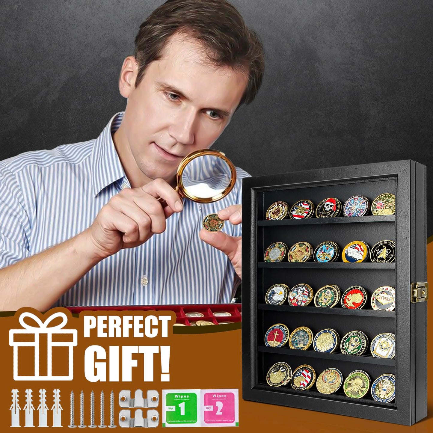 ULTRGEE Challenge Coin Display Case, Coin Collection Display Stand for Wall Military Medal Shadow Box Display Cabinet with Removable Dual Recessed Shelves and Acrylic Panel -Black