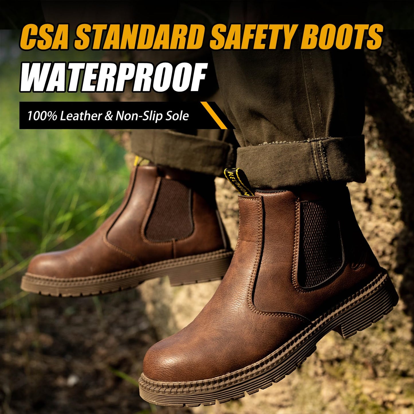 KELODON Waterproof Steel Toe Boots for Men-6 Inch Leather Slip On Safety Work Boots Mens Steel Toe Shoes Indestructible Non Slip Resistant Ankle Industrial Construction Boot,Brown,9