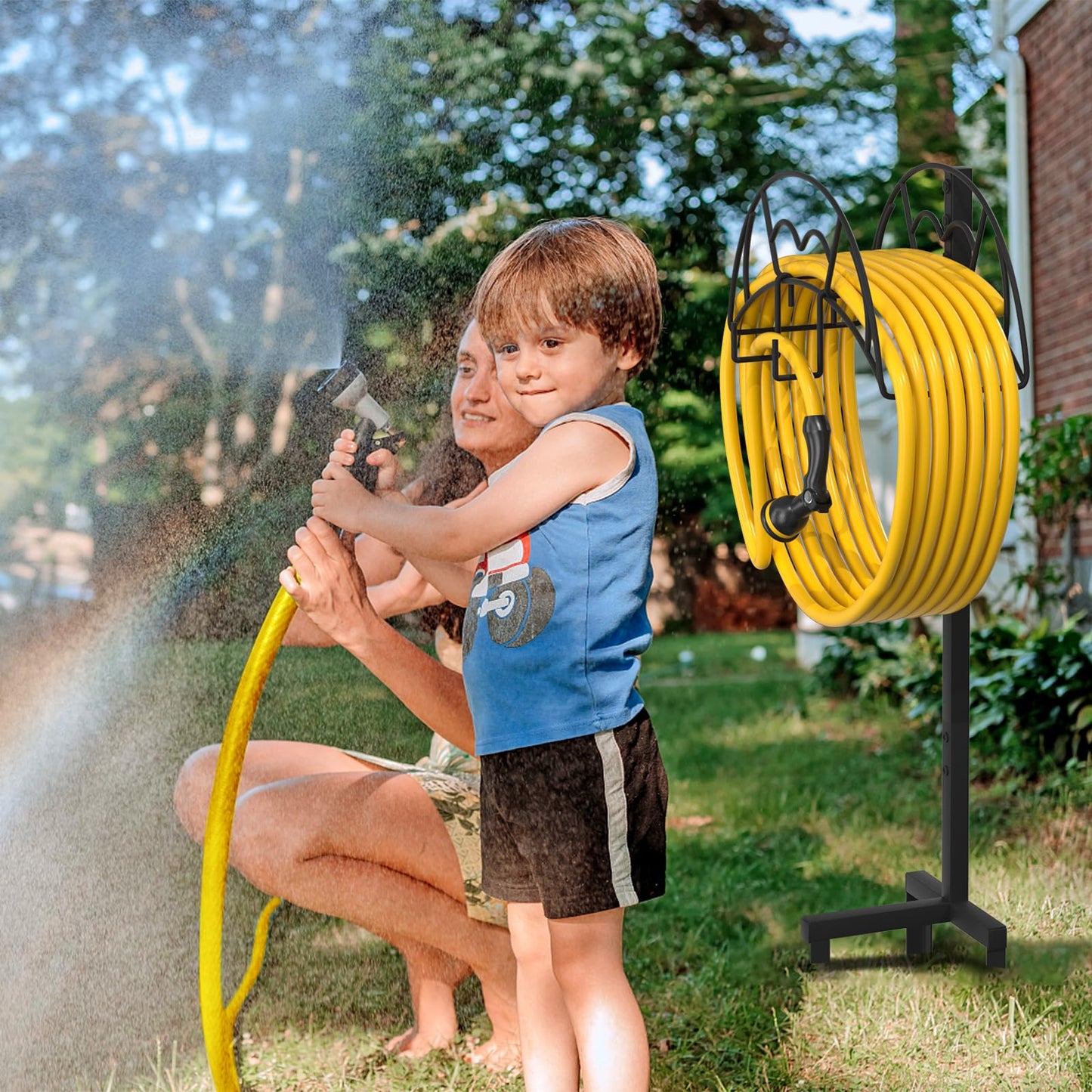 VyGrow Garden Hose Holder Freestanding, Heavy Duty Metal Water Hose Holders for Outside, Detachable Garden Hose Storage Stand Rack, Black