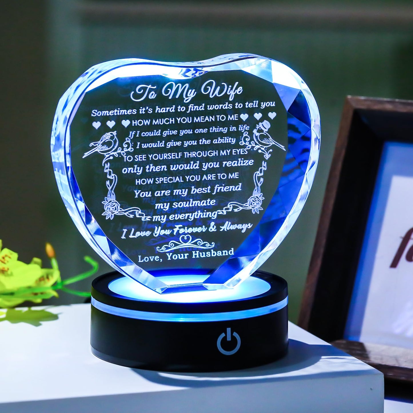 YWHL Gifts for Wife: Crystal Heart Keepsakes with LED Base - I Love You Gifts for Her from Husband