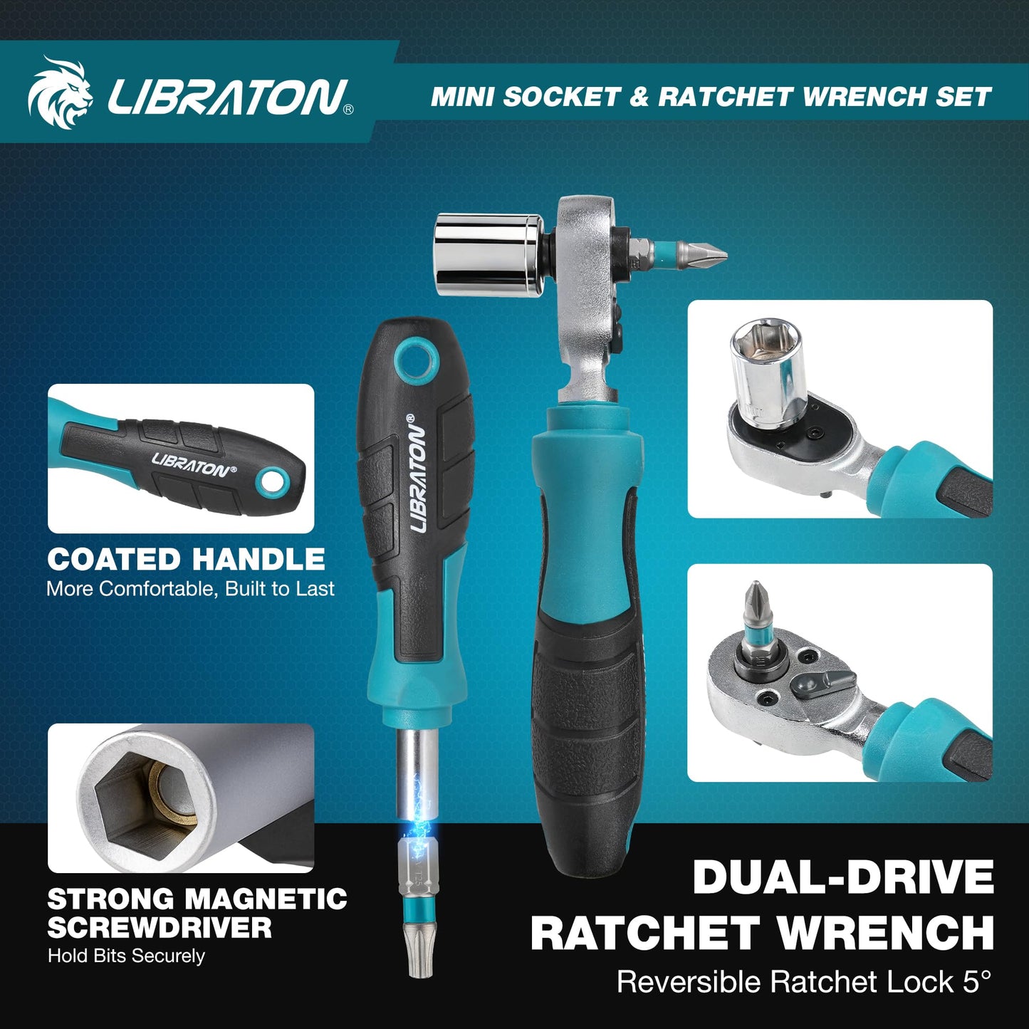 LIBRATON 37PCS 1/4" Drive Mini Socket & Ratchet Wrench Set with Bits, 4-13mm Shallow Sockets, Magnetic Driver Handle, Extension Bars & Universal Joint, with Storage Case for DIY, Auto Repair