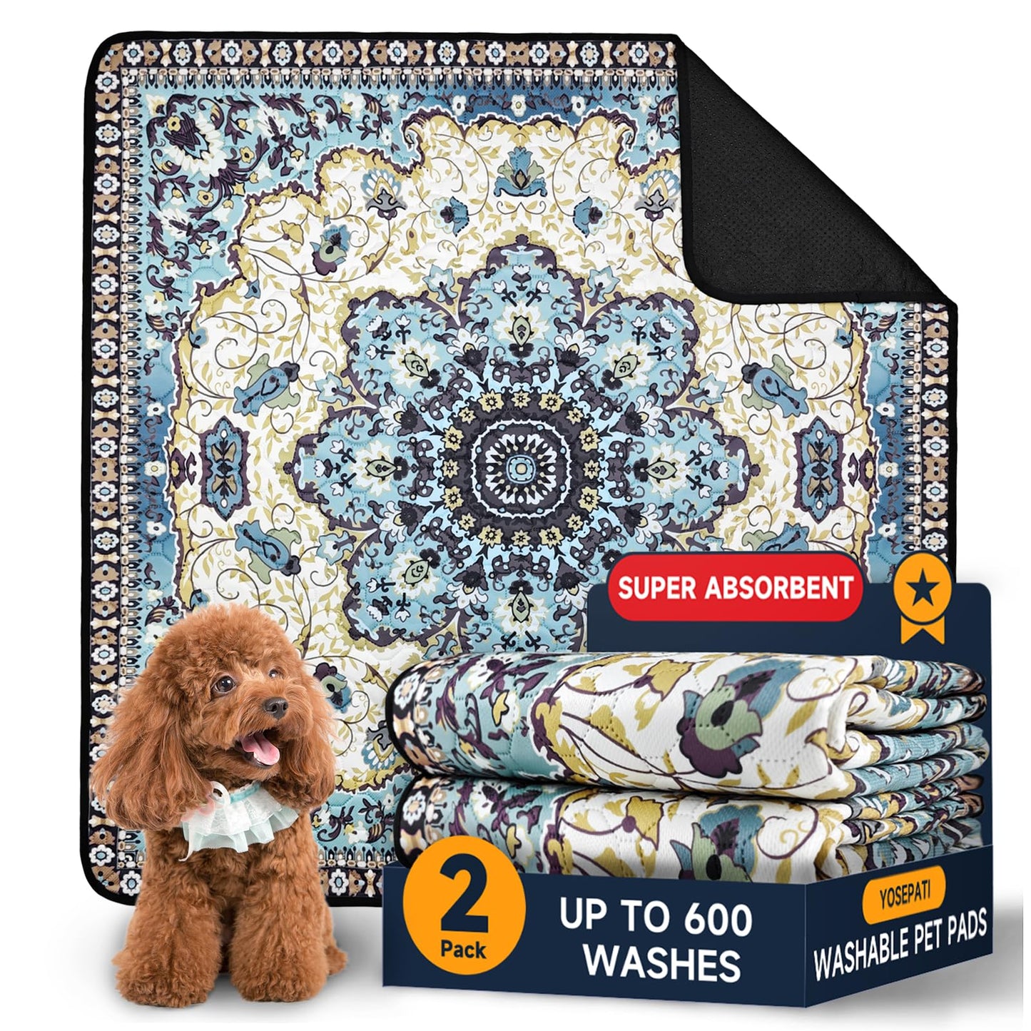 YOSEPATI Washable Pee Pads for Dogs, 2 Super Absorbent Reusable Puppy Training Pads 36"×36" Quick Dry,Waterproof& Non-Slip Whelping Pads for Playpen,Whelping,Housebreaking (36"x36"(Pack of 2))