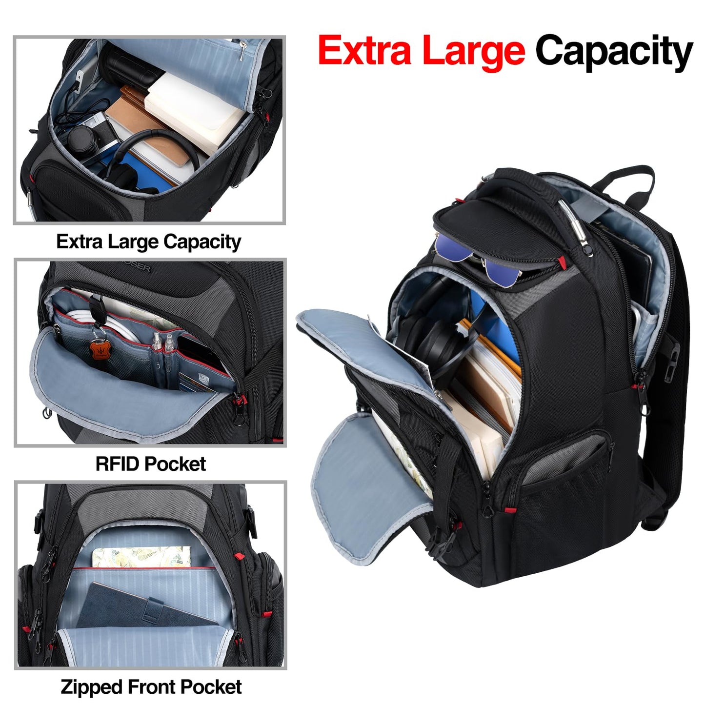 KROSER Hard Shell Travel Laptop Backpack, Water-Repellent Casual Daypack, Durable Business College Stylish Bag for Men and Women, 17.3 Inch ，Black Grey
