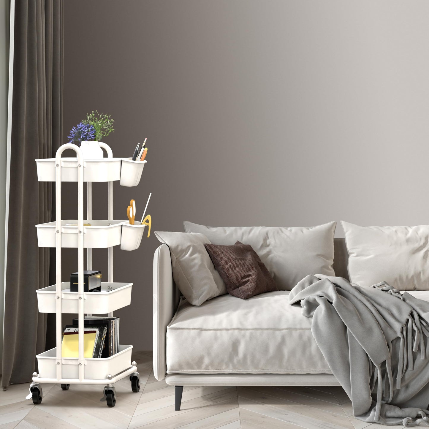Simple Houseware 4-Tier Rolling Utility Cart with Hanging Buckets, White